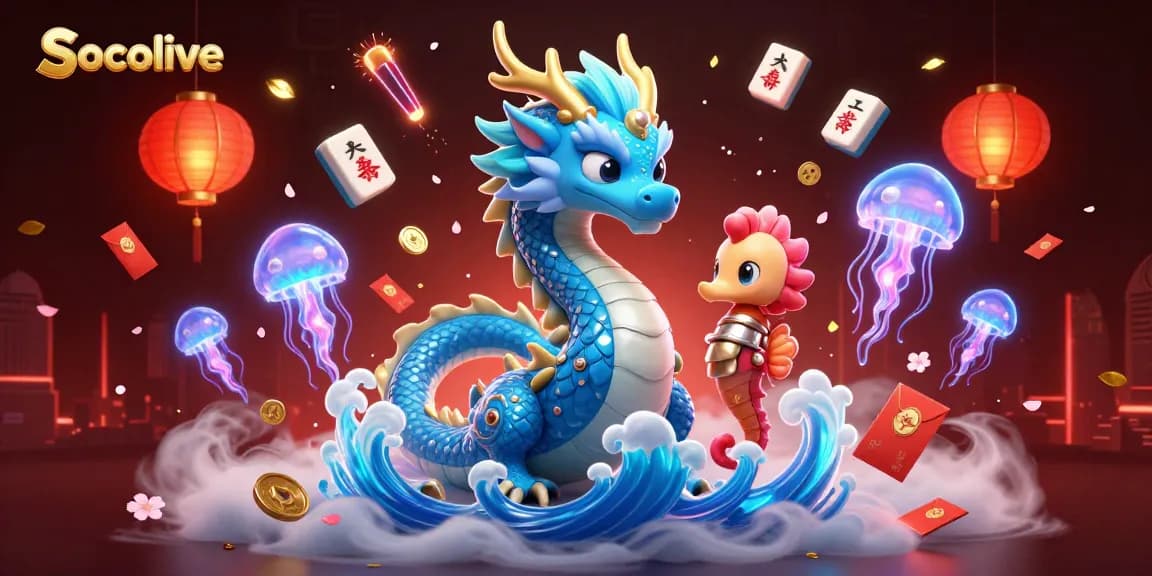 Socolive brings vibrant casino adventures with a majestic azure water dragon and glowing jellyfish.