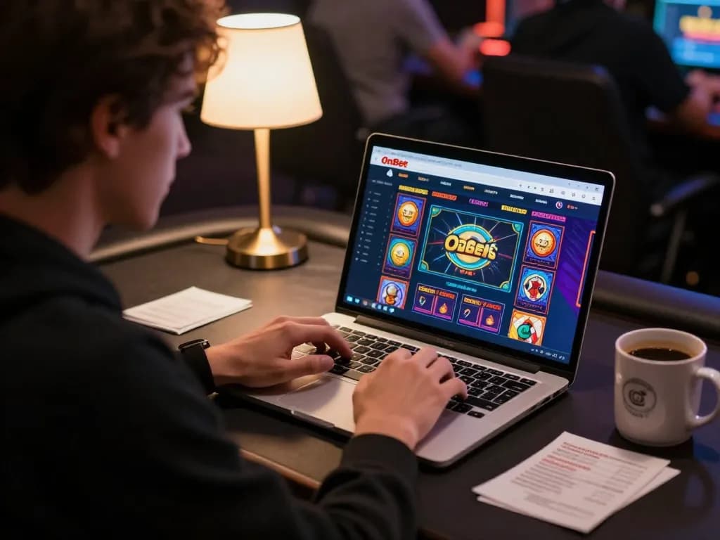 Person playing casino games on OnBet's platform with an engaging online setup.