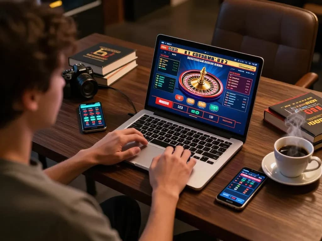 Person playing mb66 online casino on a laptop with betting strategy notes beside a coffee cup.