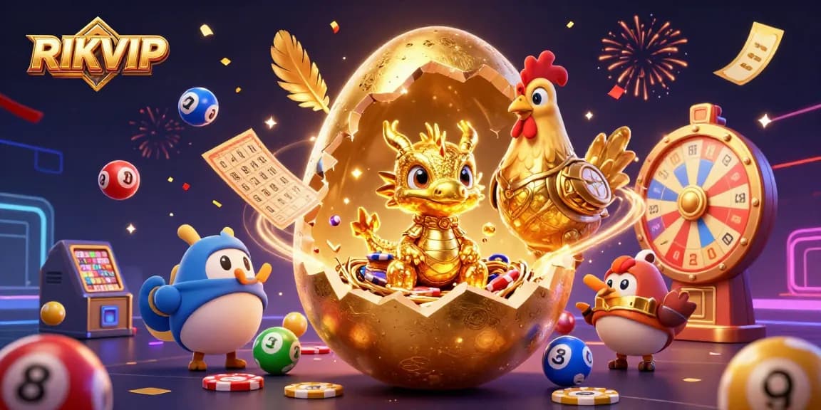 Play exciting games at RIKVIP, featuring a golden treasure scene with dynamic lottery elements.