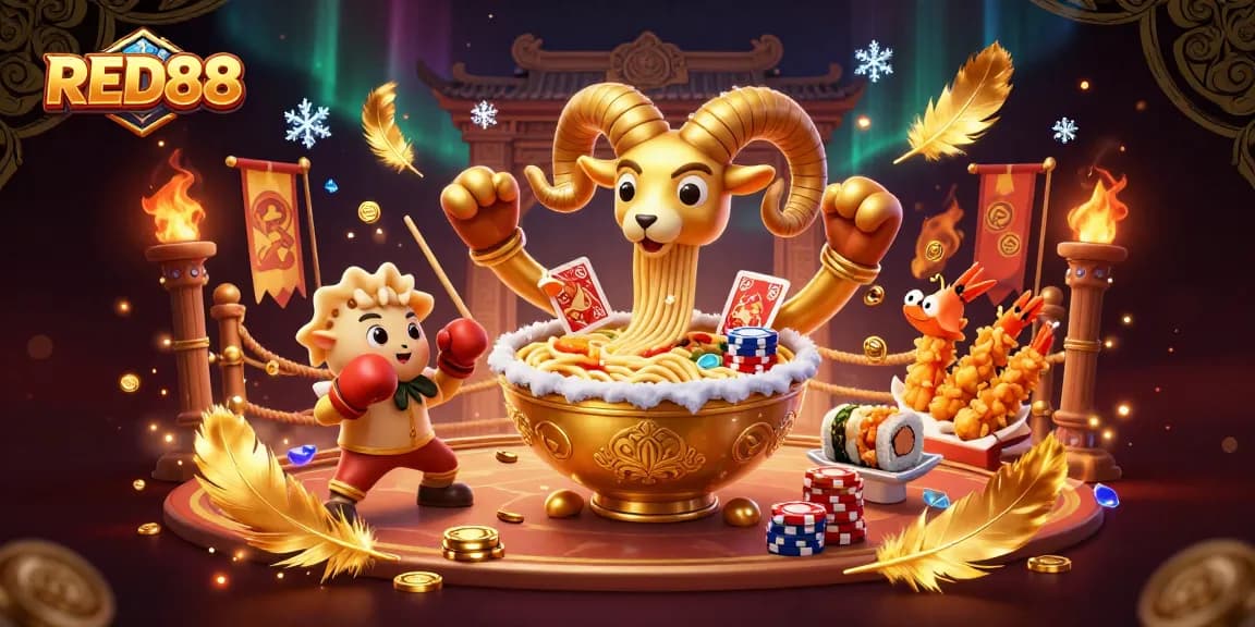 Engage with RED88's dynamic casino scene featuring a golden ramen bowl dealer and cheerful characters.