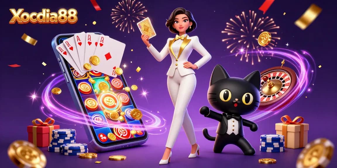 Xocdia88 celebrates with glamorous casino characters and rich gaming elements capturing the thrill of online gambling.