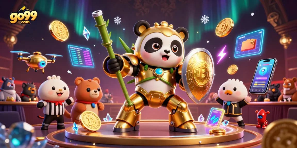 Engage with go99com's vibrant gaming scene featuring a golden panda in a mech-suit amidst cryptocurrency excitement.