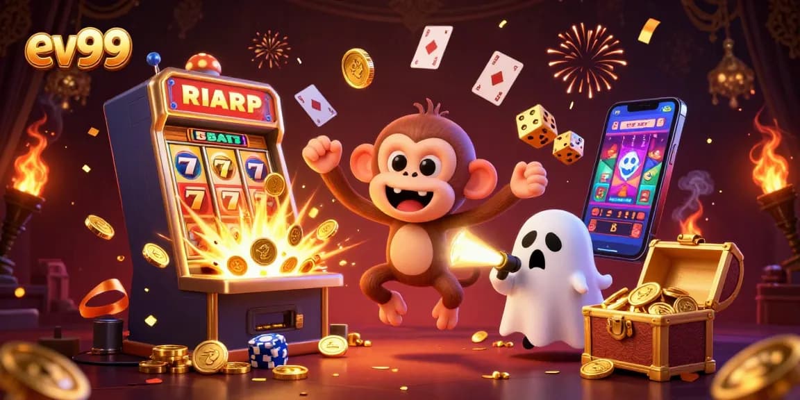Experience the haunting excitement of ev99 with a playful poltergeist monkey and ghost-hunter puppy in a thrilling casino scene.