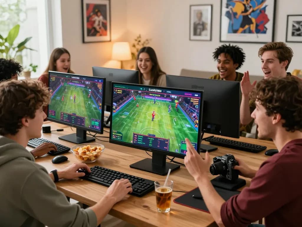 Engaged friends enjoying live sports betting on Luckywin in a cozy setting.