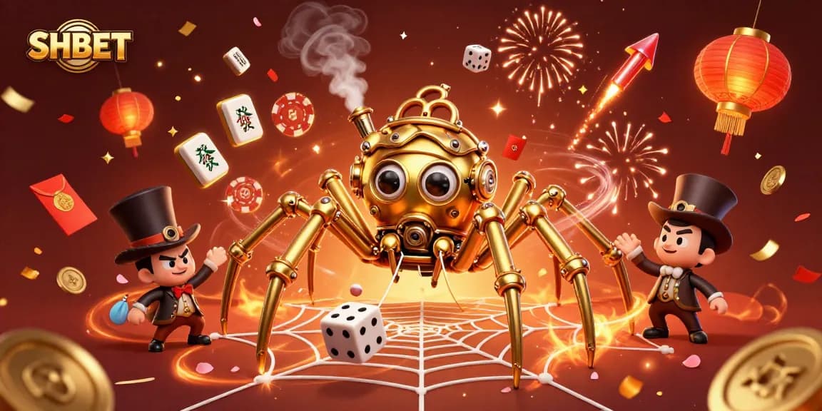 Experience exciting gaming moments at SHBET, featuring a whimsical spider illustration and vibrant casino elements.