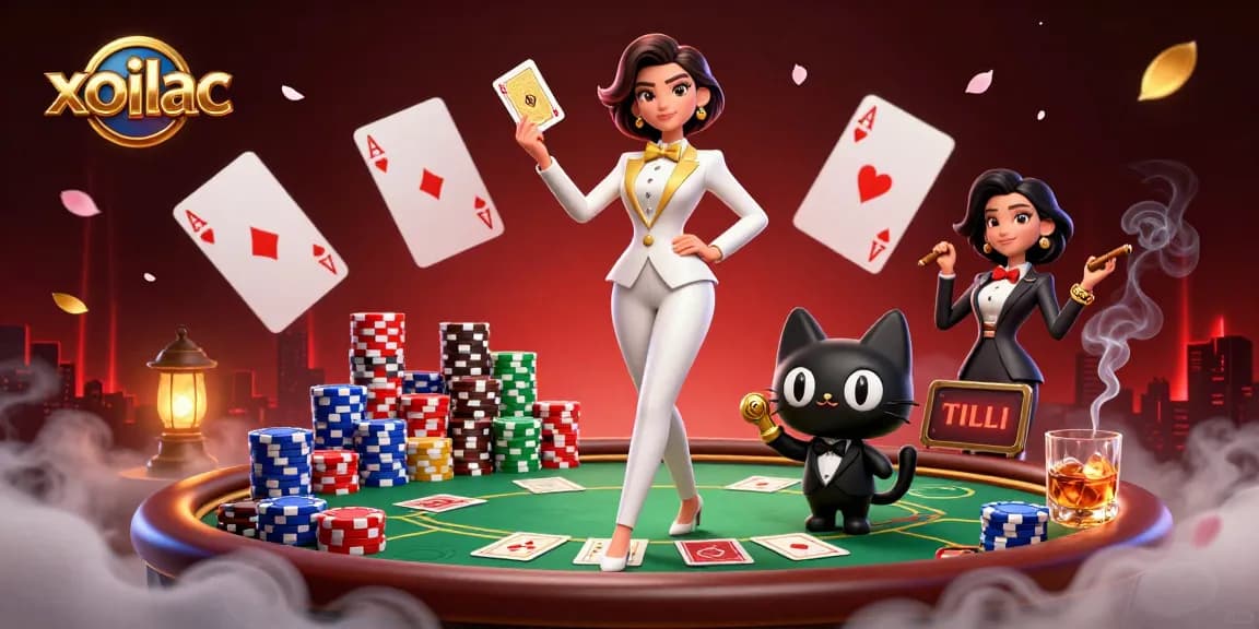 Xoilac features a glamorous woman in a white tuxedo shuffling cards alongside a tuxedo cat amidst a rich casino scene.