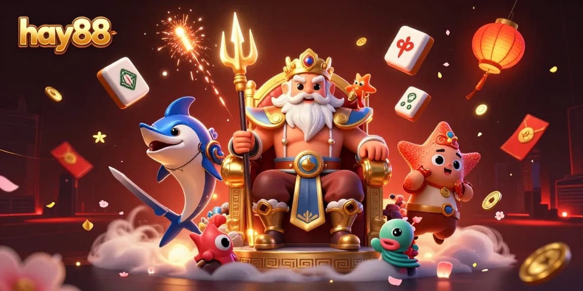 Win big at Hay88 with the vibrant sea king Neptune and dynamic gambling elements surrounding him.