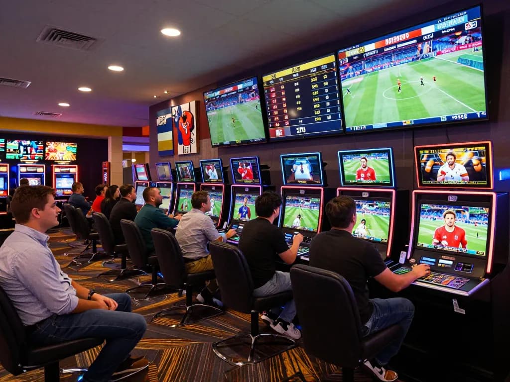 Good88 sports enthusiasts placing live bets in an upscale casino environment, capturing excitement and strategy.