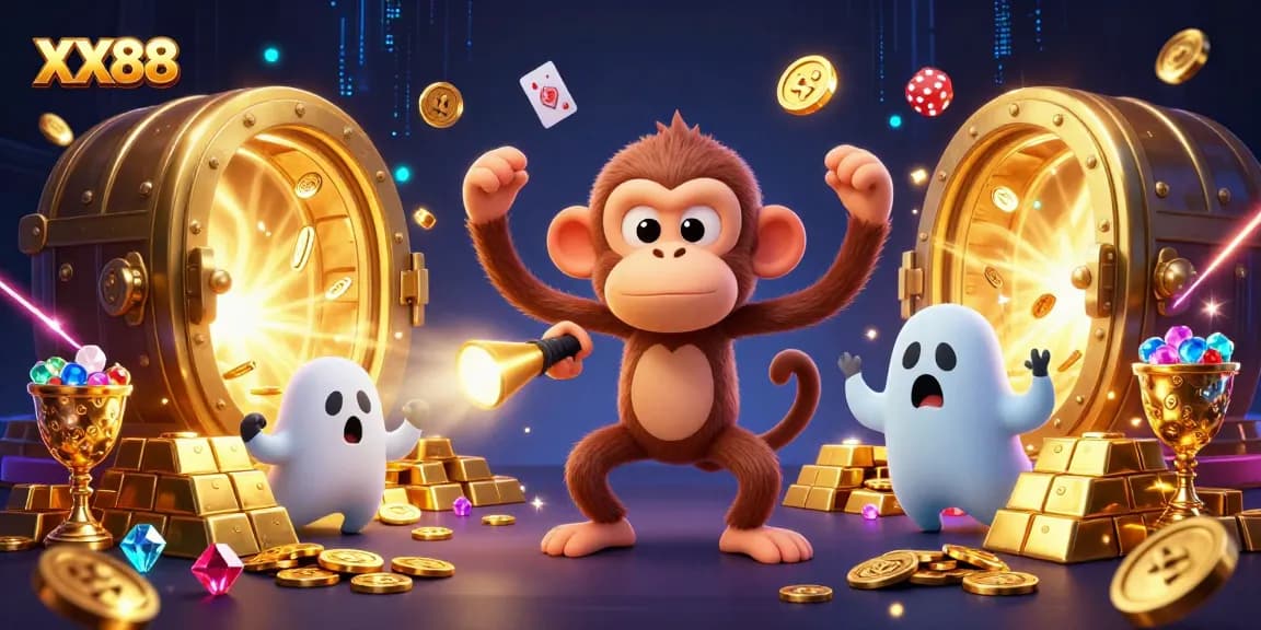 Join the fun at XX88 as a mischievous monkey juggles gold while a curious puppy tracks the adventure.