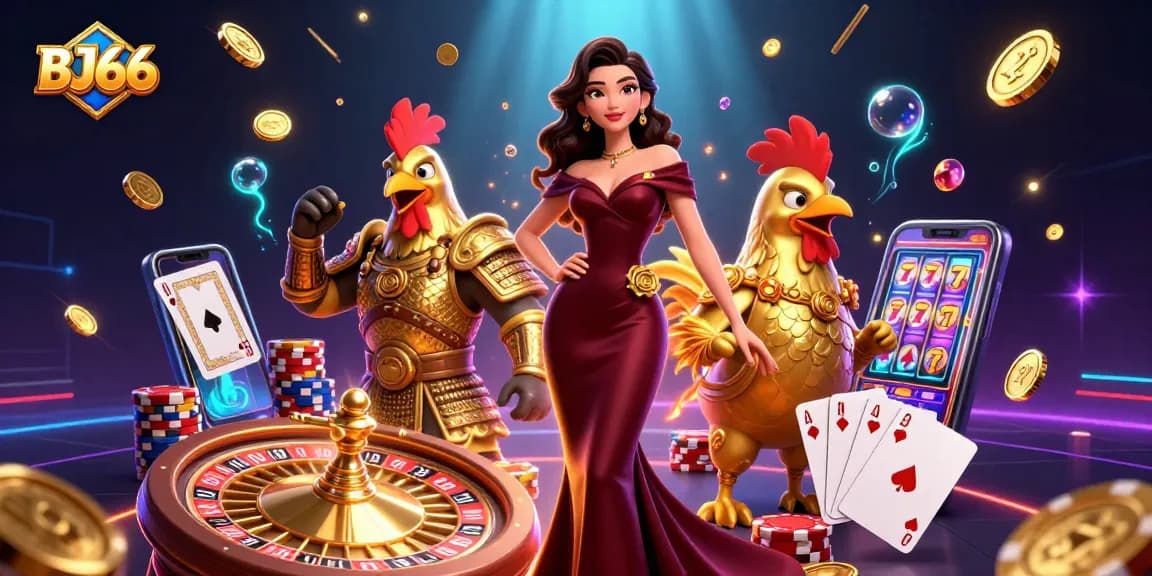 Experience the excitement of BJ66 with glamorous characters and vibrant casino elements.