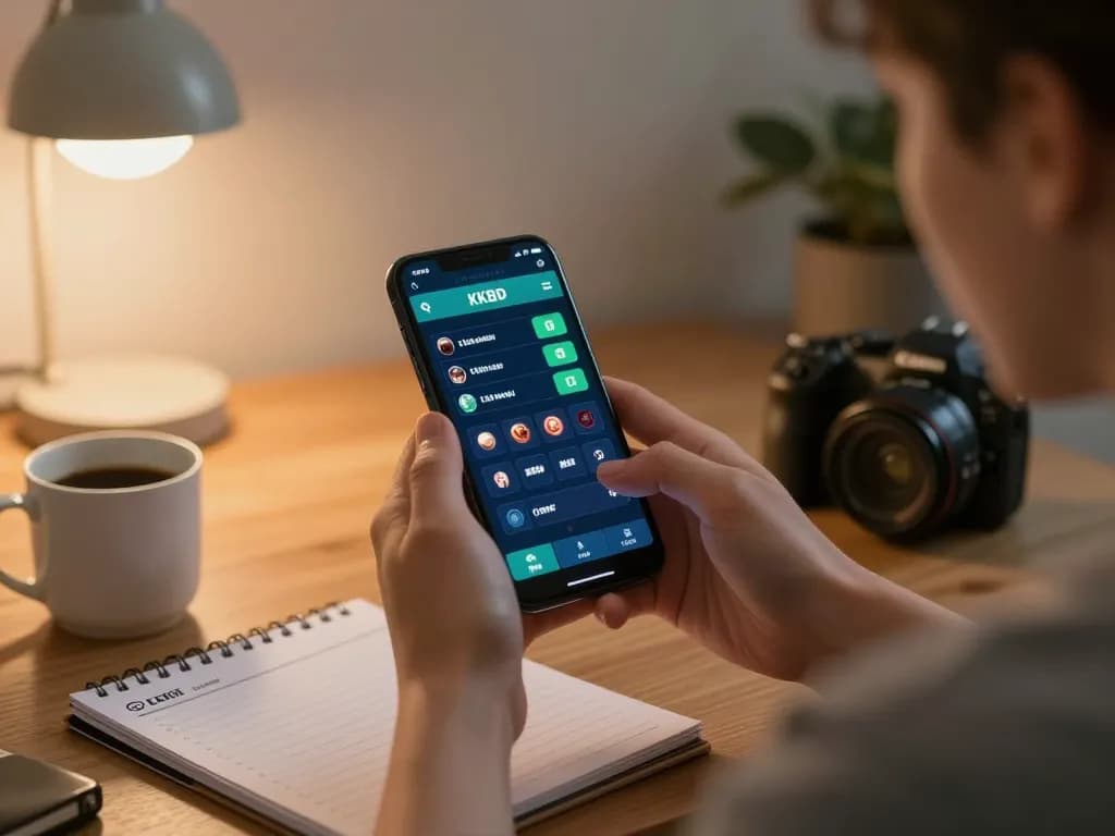Engaging in betting action on the KKBD app with glowing smartphone in a cozy home environment.