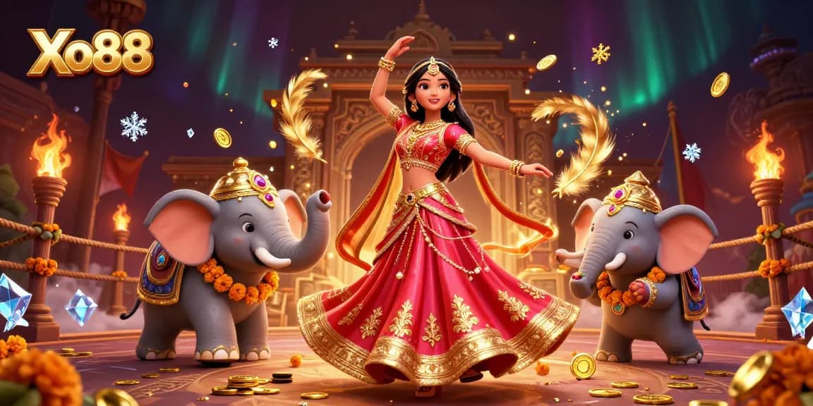 Xo88 showcases a vibrant online casino scene with a majestic Asian woman and her bejeweled elephant companion.