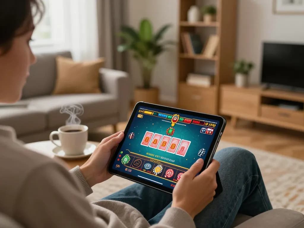 Engaging in strategic gameplay on DN88 mobile app at home with tablet and betting options