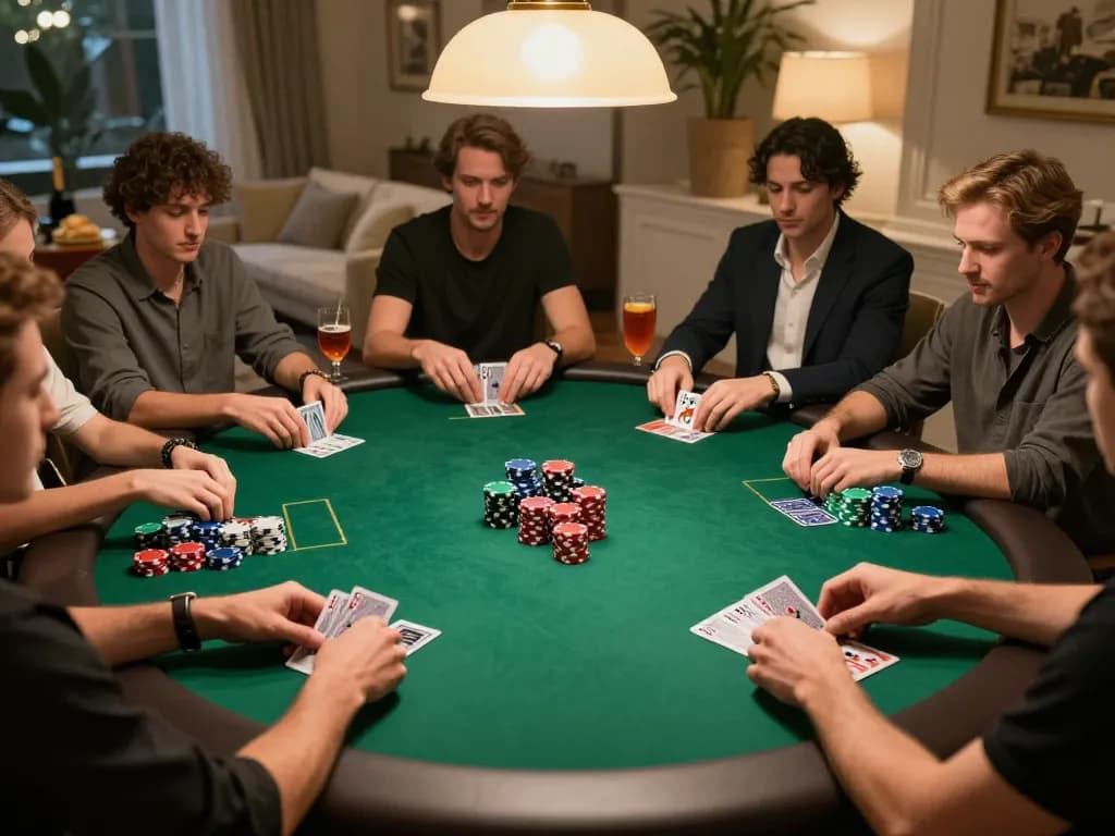 gbong players strategizing at a luxurious home poker table with colorful chips and cards
