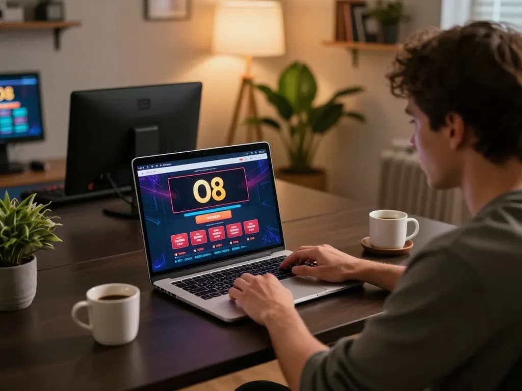 Engaging in online betting at O8 from a cozy home office with laptop and warm ambiance.