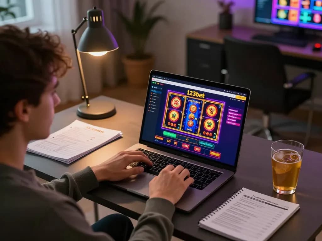 Player engaging with 123bet online casino on laptop, showcasing colorful game interface and strategic notes.