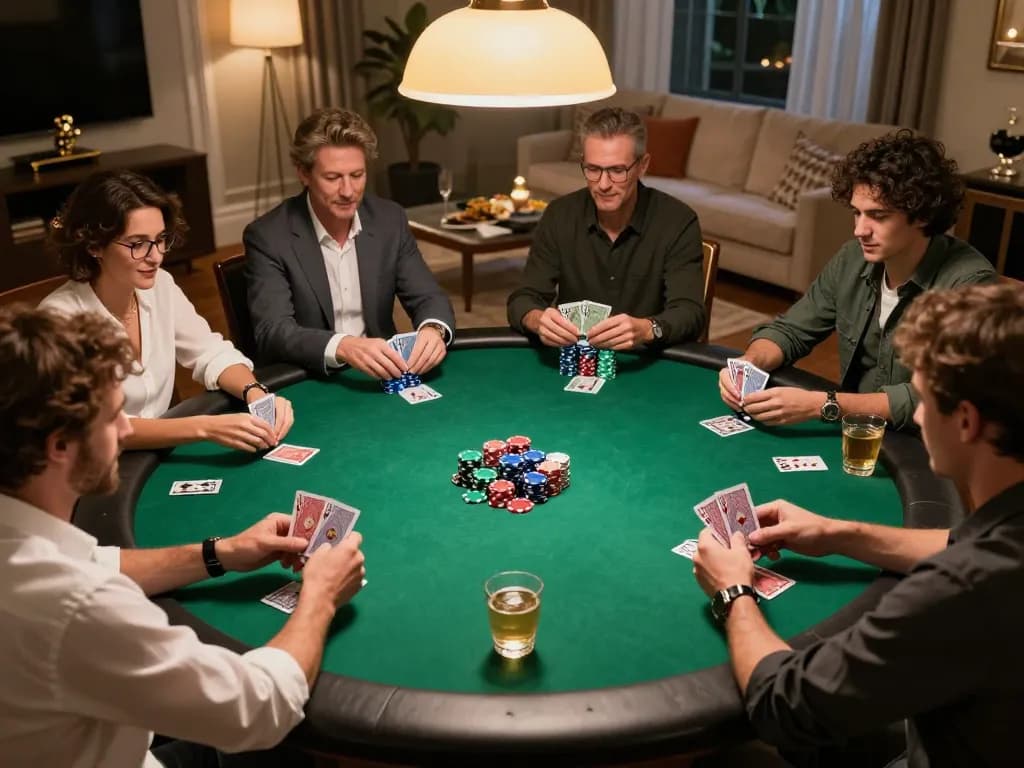 Players engage in a tense poker game at home, showcasing strategic fun with 23WIN.