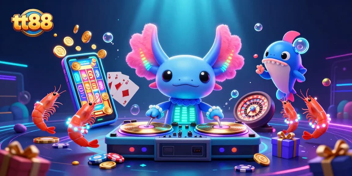 Engage in thrilling gameplay at tt88 with vibrant underwater casino scene featuring a neon axolotl DJ and dancing shrimp.