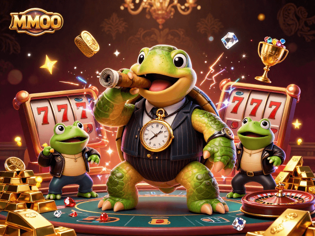 Join MMOO's dynamic world of gaming with a lively cartoon turtle and bullfrog enforcers!