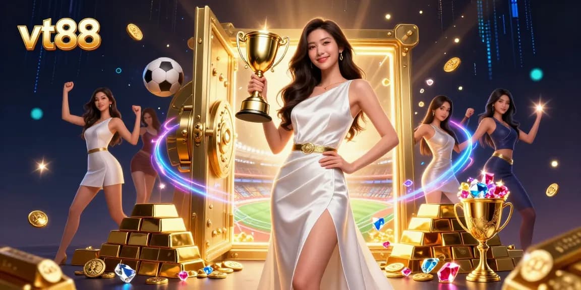 Betting on vt88 brings excitement, with a stunning illustration showcasing a victorious woman amidst shimmering casino treasures.