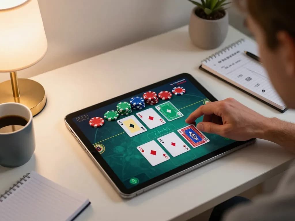 Players engaging in online poker on New88 app at home with cards and chips visible