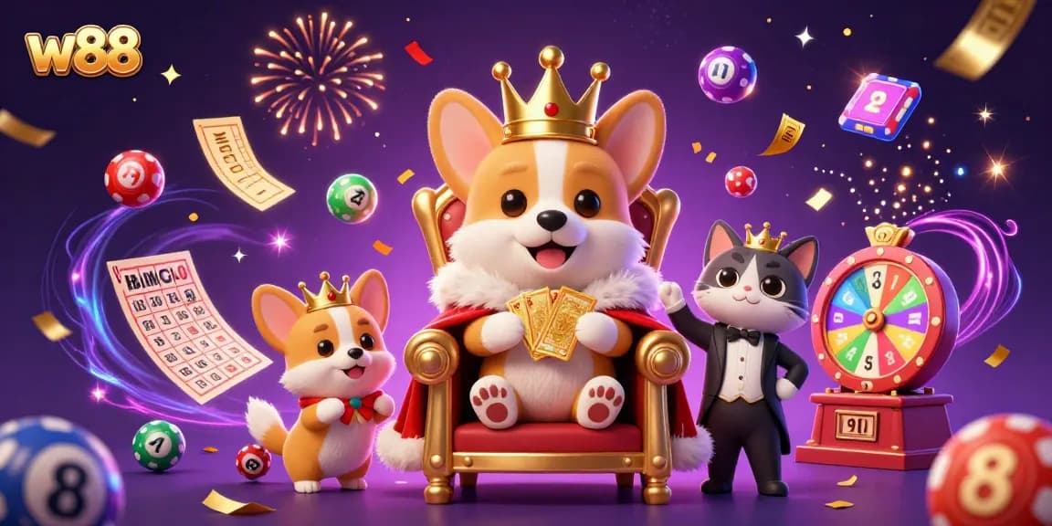 w88 gaming illustration with a royal corgi crowned, capturing vibrant casino excitement and dynamic lottery elements.