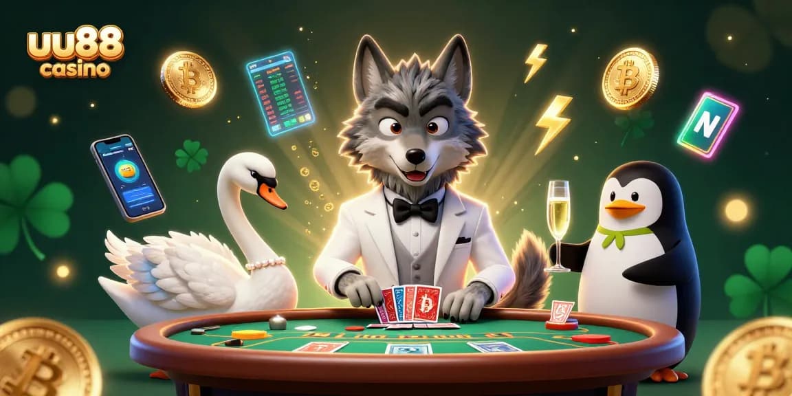 Experience the thrill of uu88 casino with dynamic characters at a baccarat table and stunning crypto elements.