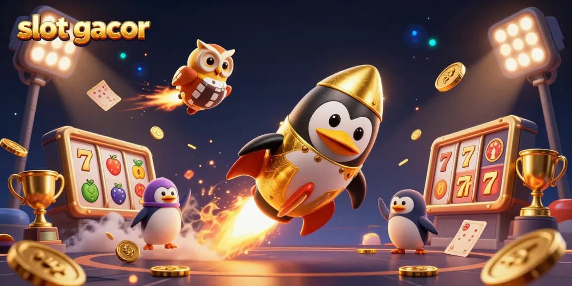 Engage in slot gacor excitement as a golden penguin zooms past jackpot symbols in a cosmic casino.