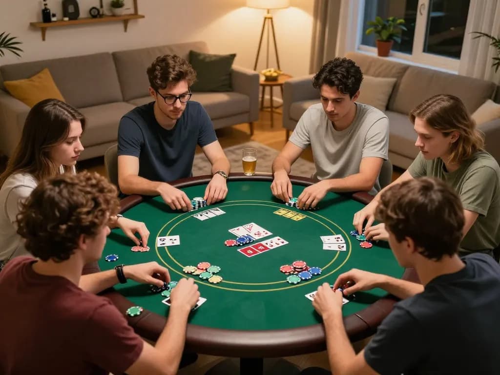 Cakhiatv players enjoying a friendly poker game in a cozy home environment, showcasing strategic gameplay.