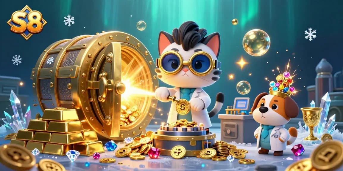 Engage with S8's vibrant casino universe featuring a mad scientist cat and wealth elements.