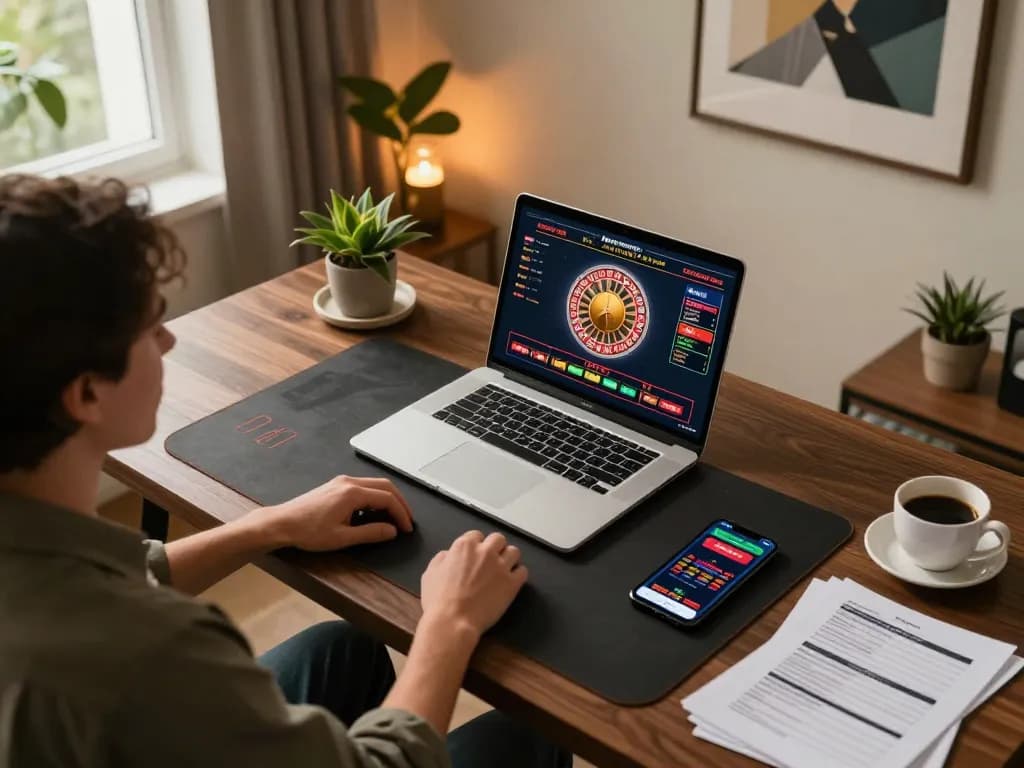 Engaging online roulette gameplay at home with ok365 interface on laptop, showcasing strategic betting.