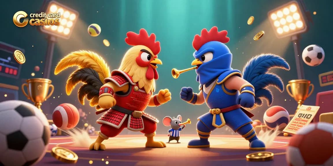 Engage with top credit card casinos through a dramatic showdown of cartoon roosters, embodying style and energy.
