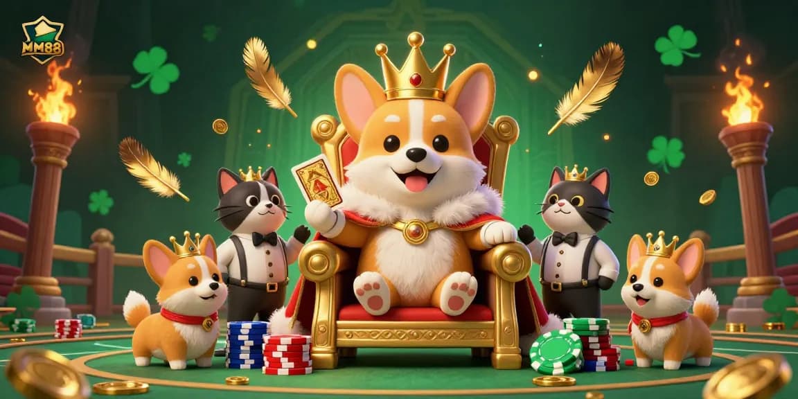 Play exciting games at MM88 with a royal corgi overseeing a vibrant casino throne.