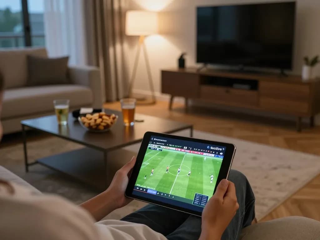 Socolive user enjoying soccer matches on a tablet in a cozy home environment