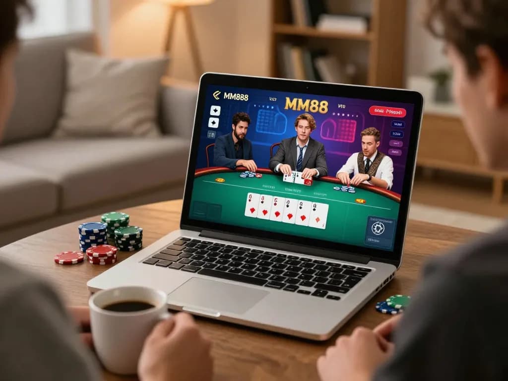 Players engage in an exciting online poker game on the MM88 platform, showcasing strategic gameplay at home.