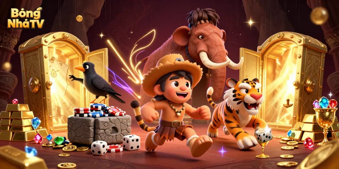 Bóng Nhựa TV showcases a colorful 3D casino scene with cavemen and a sabertooth tiger alongside vibrant gaming elements.