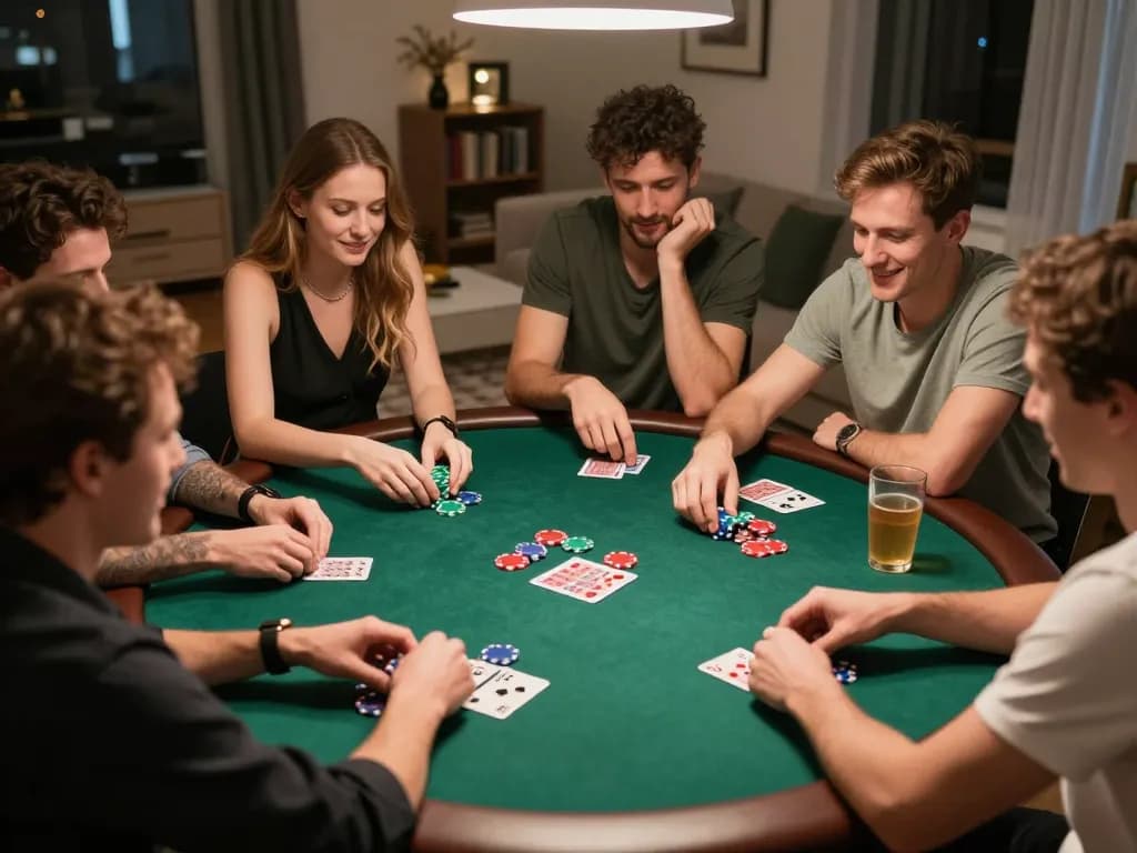 Friends enjoying a poker game during a lively home night, showcasing strategic play with 89bet atmosphere.