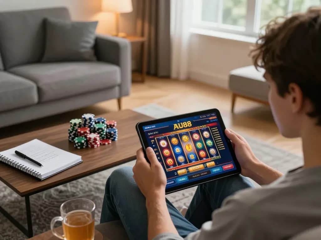 Player enjoying AU88 online slots on tablet in cozy home setting, showcasing responsible gaming.