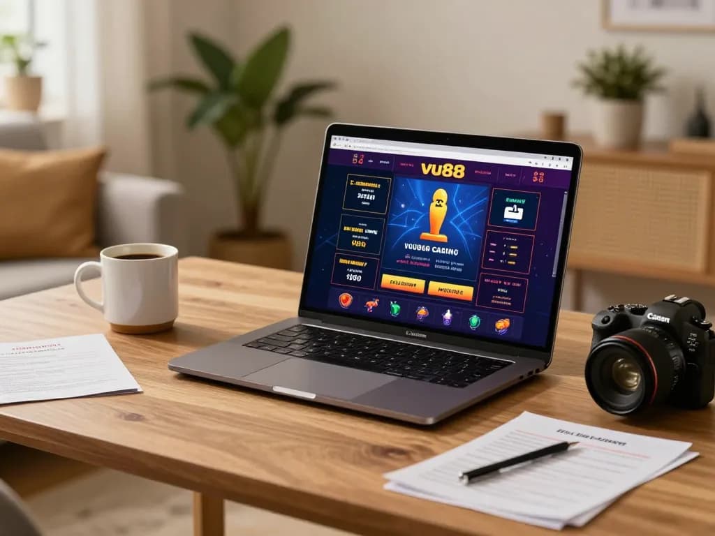 Player engaging with vu88 online casino on laptop at home, surrounded by strategic notes and a cozy atmosphere.