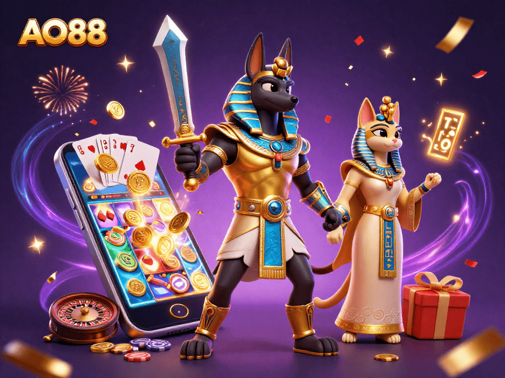 Engage with AO88's thrilling slot games featuring Anubis and Bastet in a dynamic scene