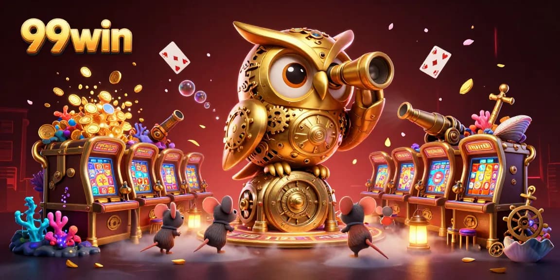 Experience the thrill of the 99win casino with a vibrant illustration featuring winning elements and lively characters.