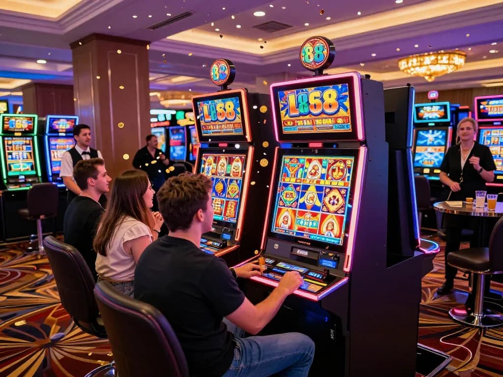 Lucky 88 slot machine lighting up a lively casino atmosphere with players celebrating wins.