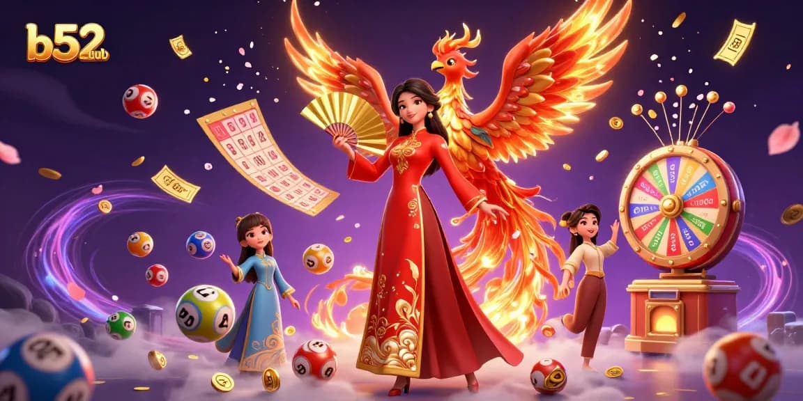Experience thrilling fun at b52club with golden tickets and vibrant lottery balls in a lively casino scene.