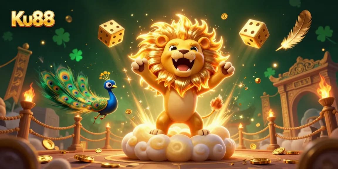 Bet on excitement with Ku88 as the sun lion roars amidst golden dice and vibrant casino elements.