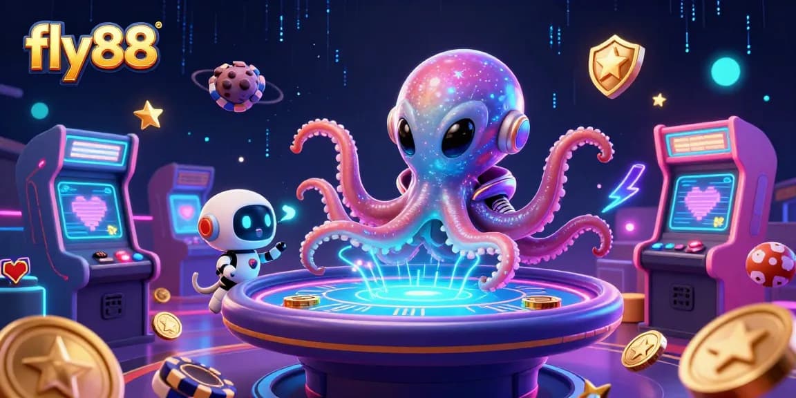 Engage in thrilling gaming at fly88, featuring an alien octopus dealer and animated poker action!