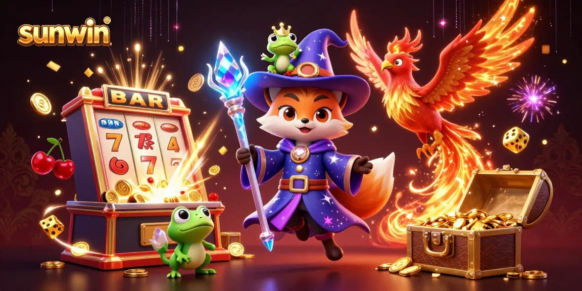 Experience the thrill of sunwin with a dazzling casino scene featuring a wizard fox, phoenix, and splendid jackpots.