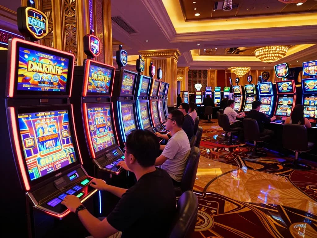 Players enjoying vibrant slot machines at a casino, capturing the excitement of luck8 gaming experiences.
