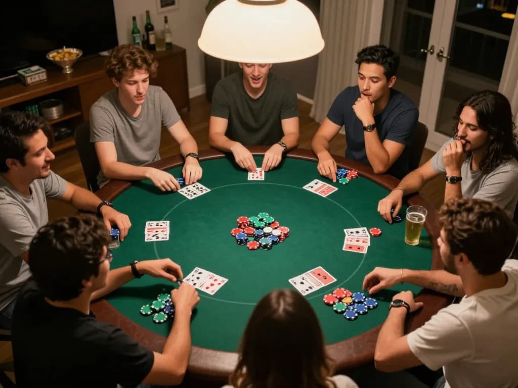 Engaged friends playing poker together at home, showcasing strategy and excitement in a 98win game night.