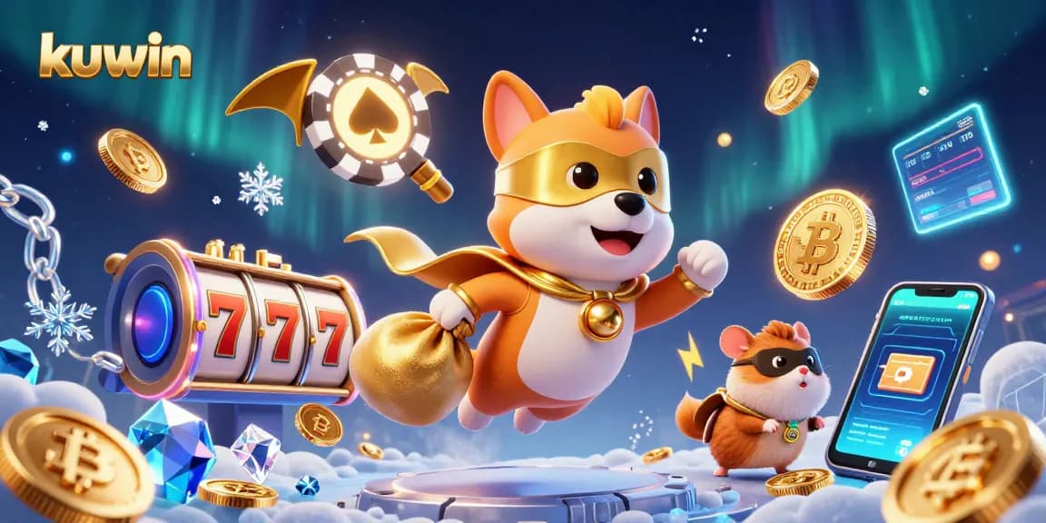 Kuwin offers thrilling slots experiences, visually represented by a heroic dog and hamster surrounded by rich gaming elements.